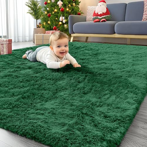 Homaxy Hochflor Flauschig Teppich Anti-Rutsch Unterseite Waschbar Groß Teppiche fürs Wohnzimmer, Kinderzimmer, Schlafzimmer - 140 x 200 cm, Dunkelgrün