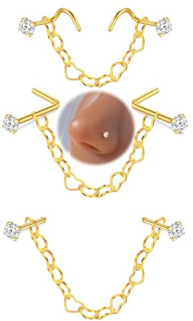 VFUN Piercing per il naso 20G con catenella, zirconia cubica chiara, ciondoli doppi con zirconia cubica, piercing per il setto nasale, in acciaio inossidabile
