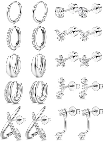 BESTEEL Hypoallergenic Flat Back Earrings for Women - 14K Gold Plated Surgical Steel Earring Stacks Set CZ Stud Huggie Hoop Earings for Cartilage Tragus Helix Sensitive Ears Silver Plated Jewelry 20G
