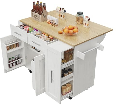 YuQozii Moderna isola da cucina, armadio da cucina, armadio a buffet, carrello da pranzo con venature del legno, tavolo da pranzo multifunzionale con spazio di archiviazione, carrello da pranzo con