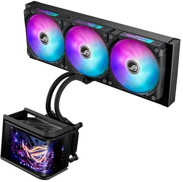 ASUS ROG RYUO IV SLC 360 ARGB All-in-one CPU Liquid Cooler with Shortened tubing maximizes a Clean Aesthetic, Curved 6.67-inch AMOLED Display Supports 3D-Effect Video or Customized System Information
