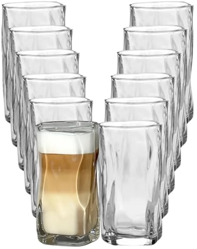 BAVARY Trinkgläser Set 12 Stück 250 ml – Wave Design Klarglas – Wassergläser, Kaffeegläser & Teegläser – hitzebeständig & spülmaschinenfest – ideal für Latte Macchiato, Eistee, Cocktails & Matcha