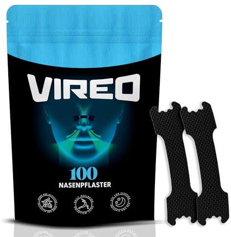 Vireo® Cerotti Nasali Neri 100 pezzi, Strisce Nasali, Cerotti Naso Forma Tradizionale, Sonno e Uso Quotidiano