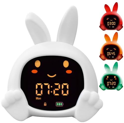 ZAZU Sarah - Entrenador de sueño para niños – Luz nocturna (5 colores), máquina de sonido, despertador con 6 sonidos, apertura y cierre de ojos, recargable con USB