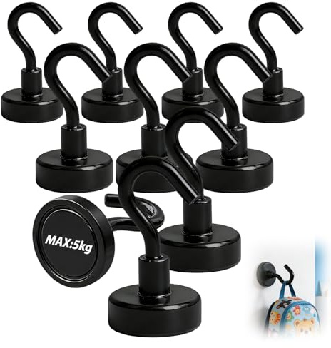 MDLSDE 10 Piezas Ganchos Magnéticos, 5kg Imán Extra fuerte Imanes 15mm con Gancho Super Fuerte para Cocina Gadgets Dormitorios Taquillas Oficina Frigoríficos Colgar Luces Decorativas Negro