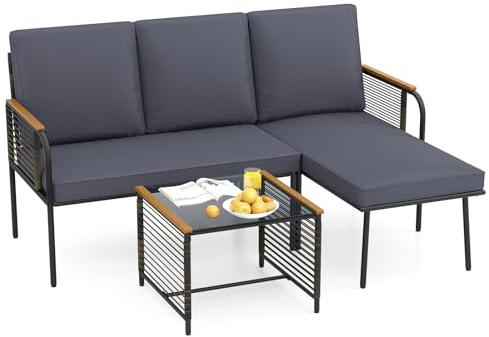 COSTWAY Ensemble de Meuble de Patio 3 Pcs, Ensemble de Canapé d'angle en L d'Extérieur avec Coussins Table en Verre Trempé, Salon de Jardin en Rotin Structure Métallique pour Terrasse Cour