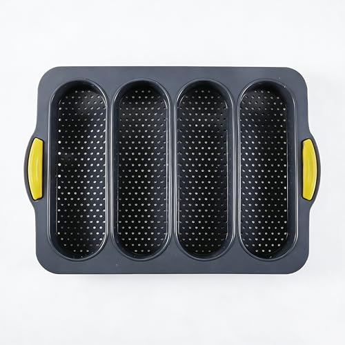 CuisineCraft French Baguette Silicone Baking Tray, Non-Stick 4-Cavity Bread Pan with Handles, Perforated Design for Even Heat Circulation (grey)