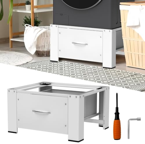 Monucep Tvättmaskinsunderrede med låda, 63 x 54 x 32 cm, 150 kg | Stålram med dragstänger, halkfria fötter och dämpningsdynor för badrum och tvättstuga