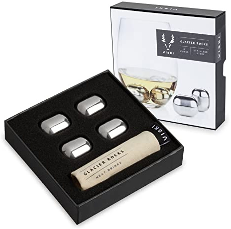 Viski 4358 Glacier Rocks Stainless Steel Ice Cubes Reusable Ice Cubes for Drinks, Whiskey, Bourbon, Scotch, Metal Ice Cubes, Cocktail Accessories Set of 4 Silver