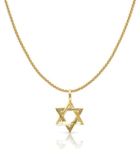 Ioka 14K Yellow Gold Star of David Charm Pendant with 0.9mm Wheat Chain Necklace - 16