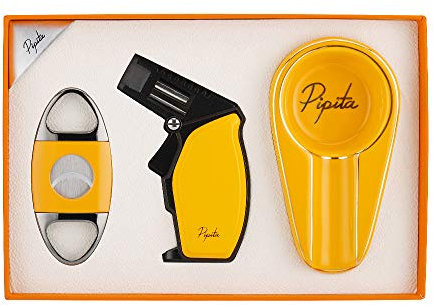 PIPITA Flamme Briquets Allume Cigare Tempete Chalumeau Gaz Butane Rechargeable Big Jet Turbo Bleu Flammes Cigare Torche Briquet avec Trou Puncher (Non Gaz Inclus) (Set)