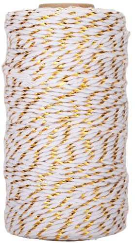 G2PLUS Christmas String - White Cotton Twine with Gold Glitter, 2MM, 100M for DIY Gift Decorations