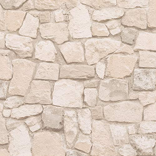 Cream Stone Wallpaper in Natural Effect for Bathroom, Home Office | Light Beige Colors