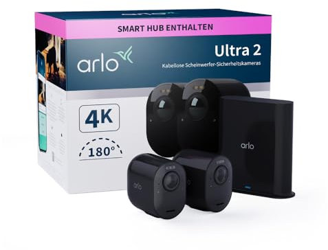 Arlo Ultra 2 Überwachungskamera Aussen WLAN, Kabellos, 2er Set, 4K UHD Qualitätsprodukt, 180° Sichtfeld, Spotlight, Farb-Nachtsicht, Bewegungsmelder, Alarm Sirene + mit Arlo Secure Testzeitraum
