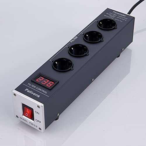 Pailvens Netzfilter Steckdosenleiste HiFi, 4 Fach Entstörfilter Steckdose mit LCD-Anzeige, Überspannungsschutz, Lastschutz bis 15 A, Mehrfachsteckdose für Lautsprecher, CD DVD Player, Grau