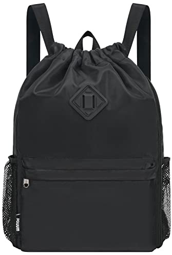 WANDF Drawstring Backpack Sports Gym Bag with Shoes Compartment, Water-Resistant String Backpack Cinch for Women Men (Large,Black)