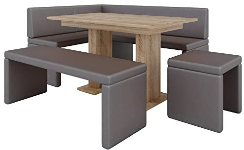 Eckbank Akiko mit Tisch und Bänken - Eckbankgruppe für Ihrem Esszimmer, Küche modern, Sitzecke, Essecke. Perfekt für Küche, Büro und Rezeption. Solide Verarbeitung (Soft 30, 196x142 rechts)