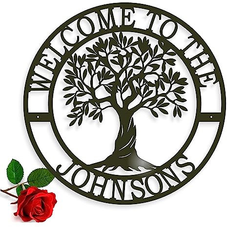 FranJohnsonHouse Personalised Welcome Metal Sign, Welcome to Our Home, Custom Family Name, Tree of Life Sign, Front Door Monogram, Tree Wall Art, Wall Hanging Olive Tree, Housewarming Gift (Design 3)