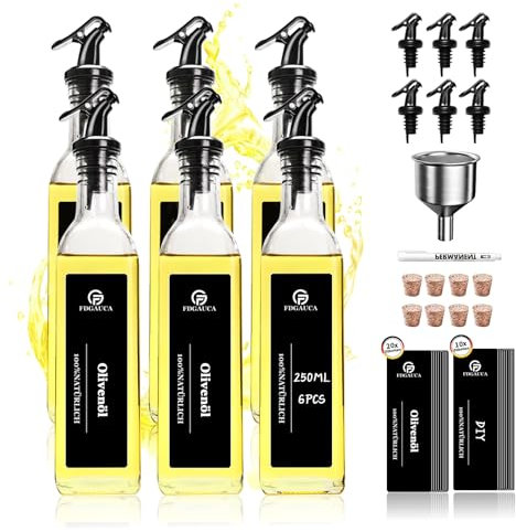 SAEIV Aceto, Olio Di Oliva Bottiglie Vetro Set Di 6, Cucina Bottiglie Per Olio, 6 Bottiglie Vetro 250ML, Set Olio E Aceto