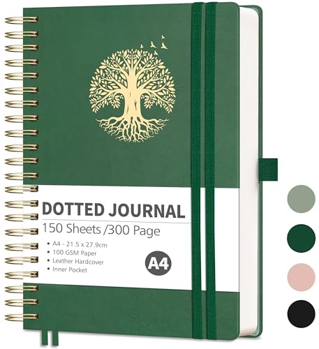 RETTACY A4 Spiral Notebook, Dotted Journal, 300 Pages, DarkGreen | Hardback Notepad for Women Men, 100 GSM Thick Bullet Paper, for Doodling Planning School Office - 21.5 × 27.9 cm