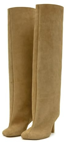 Wnshonzy Suede Knee High Boots for Women Wide Calf Square Toe Tall Brown Stiletto Kitten High Heels Thigh Long Soft Fall Boot Pull on Fashion Casual Cute Y2K Nude