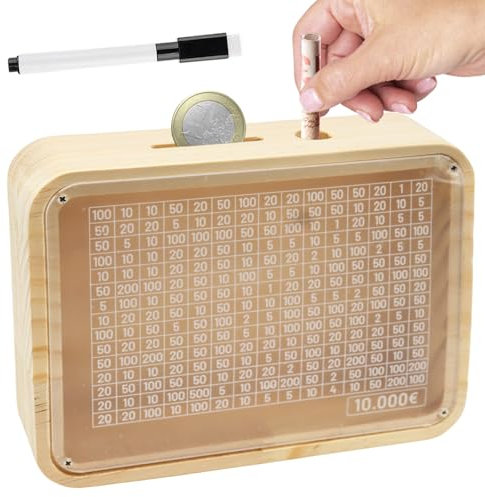 Hucha de Madera, Caja de Ahorro con números marcados, Hucha con Placa acrílica, Caja de Ahorro de Dinero, Lavable y Reutilizable, Objetivo de Ahorro de 10.000 €, Ayuda a los Adultos a desarrollar