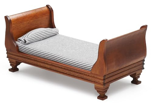 Odoria Miniatura Cama para Casa de Muñecas: 1/12 Escala Ropa de Cama Marrón para Dormitorio Vintage Victoriana - Mini Mueble Madera Antiguo