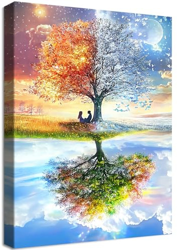 Wooden Framed Canvas Wall Art Four Season Tree of Life Painting on Canvas Prints Poster Blue Sky and White Clouds Pictures for Living Room Bedroom Home Office Hallway Corridor Wall Decor 40x60cm
