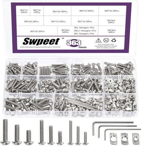 Swpeet 363Pcs M3 M4 M5 Nickel Plated T Nuts Screw With Hex Wrench Assortment Kit, T Slot Nut Hammer Head Fastener, Button Head Hex Socket Head Cap Bolts for 2020 Series Aluminum Profile Groove