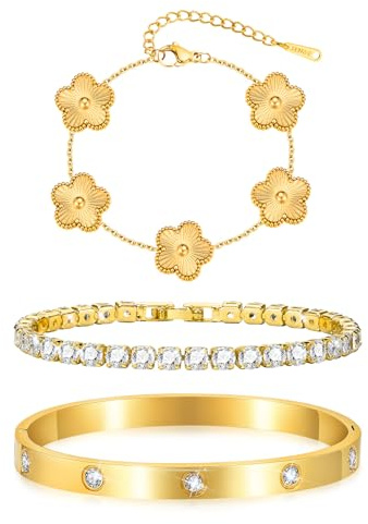 3 Stück Vergoldet Kleeblatt Armband Damen - Kristallen Tennis Armband 6mm Breit Cubic Zirkonia Armreif für Frauen, Wasserfester Tennisarmband mit Edelstahl Armbänder Set Geschenke für Damen, Gold