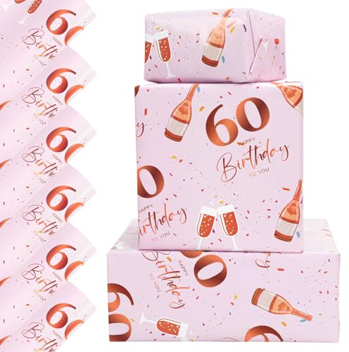 6 Sheets 60th Birthday Wrapping Paper, Birthday Gifts Decorations for Women