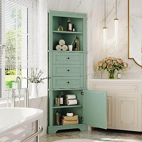 68.9 Tall Triangle Corner Cabinet with 3 Drawers & Adjustable Shelf, Freestanding Storage Cabinet,Water-Resistant, Anti-Tip Design,Space-Saving Organizer for Bathroom, Kitchen, Living Room, Green