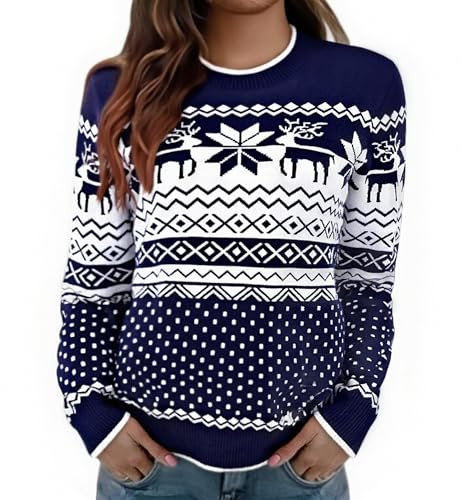 Jahetuul Jersey de Navidad para Mujer Reno y Copo de Nieve Suéter de Invierno Cálido de Punto Cuello Redondo Manga Larga para Fiesta Navideña