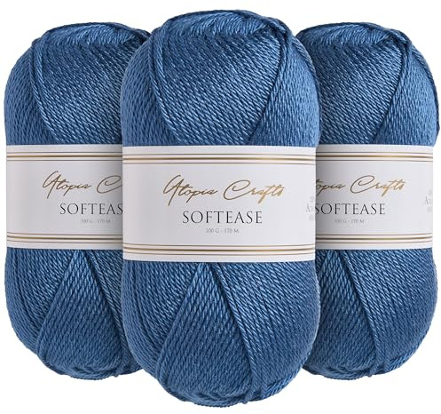 Utopia Crafts Softease - Ovillo de lana para tejer y ganchillo, 3 unidades, 100 g (azul tranquilo)
