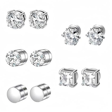 GOZINA 4 Pairs Magnetic Earrings for Men Women, Non-Pierced Magnetic Stud Earrings, Clip on Earrings Women Men Girls Boys, Silver Stainless Steel Earring Decorated with Zircons