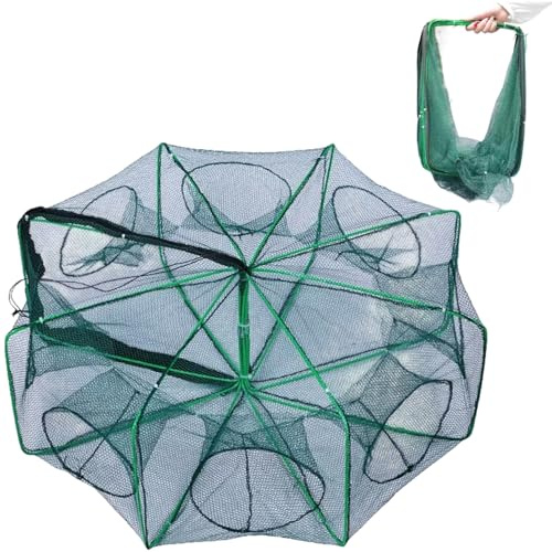 Trampa para Peces Plegable portátil de Nailon Resistente, Trampa para cangrejos autoencogible, Red fundida Plegable con 8 Orificios, Accesorios de Pesca para Agua Dulce y Salada