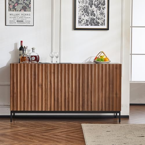 Merax Sideboard Cabinet Cupboard Buffet,with 3 doors,adjustable Shelves,Black metal legs,Anti-tip feature,elegant mid-century modern Sideboards for Living Room Kitchen Hallway,150x40x80cm,WalnutColour
