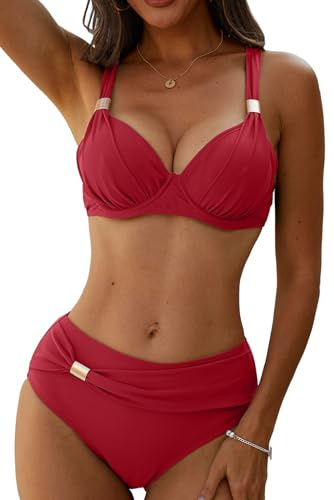 Yutdeng Bañador Dos Piezas Mujer Braga Alta Bikini Push Up con Aros Bikinis Reductor Barriga Talle Alto Vientre Plano con Pliegue Traje De Baño Mujer 2 Piezas Ropa de Baño Biquini,Rojo Vino,XXL
