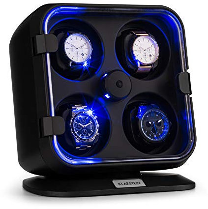KLARSTEIN Caja Relojes Automáticos, Caja Giratoria Relojes 4 Compartimentos, Cajas para Relojes con Luz, Estuche para Reloj, 3 Velocidades de Rotación, Relojero con Cojines, Watch Winder, Negro