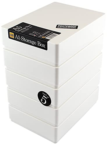 WestonBoxes A5 Plastic Craft Storage Boxes with Lids for Art Supplies, Paper and Card - 1.8 Litre Volume (White, Pack of 5)