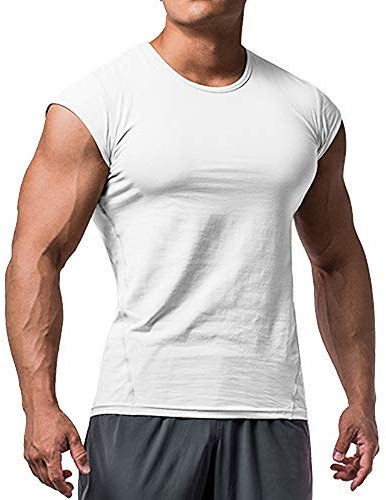 Hommes T-Shirt à Manches Courtes pour la Musculation Gym Workout Tee Tops Coton Blanc S