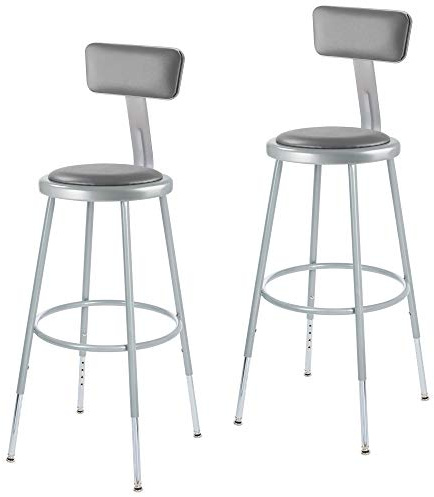 OEF Furnishings OEF6424HB/2 Premium Commercial-Grade All-Purpose Round Stool with Backrest (Height-Adjustable, 24–32 inch Range, Gray Frame, Vinyl Padded Seat, 2-Pack)