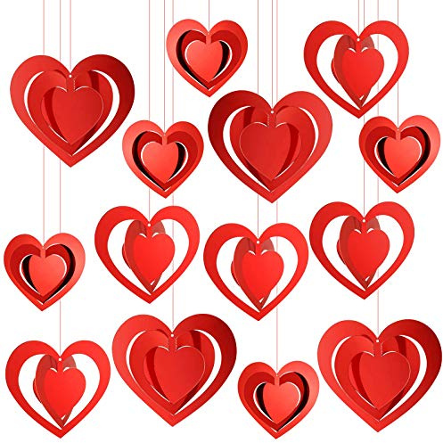 HOWAF 3D Cuore Rosso Pendenti Appendere per San Valentino Matrimonio Decorazioni Romantico Forniture, 15 Pezzi Ornamento Cuore per Fidanzamento Anniversario Compleanno Decorazioni, con Nastri Rossi