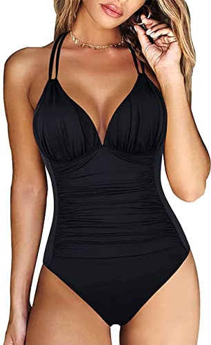 RPAEOY Maillot De Bain Femme Une Pièce Ruché Dos Nu Haut Bikini Contrôle Ventre Tankini Profond Bretelles Spaghetti Réglables Maillots De Bain Push Up Rembourré Swimsuit Swimwear Noir L