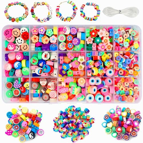 990 Stück Polymer Clay Perlen für Armbänder, Bunte Polymer Clay Beads,Blume Perlen zum Auffädeln,Tonperlen Armband Set,mit Smiley, Blumen, Tieren & Fruchte für die Herstellung von Schmuckarmbändern