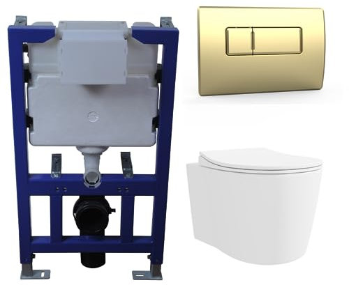 Alcor Wall Hung Toilet with Soft Close Seat Brushed Brass Pneumatic Flush Plate 820mm Frame & Cistern