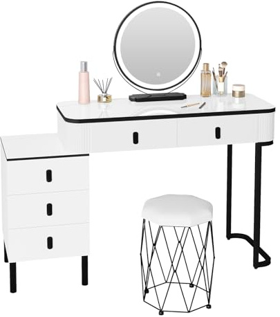 WOLTU Dressing Table with Mirror and Stool, Makeup Table, 3-Colour Dimmable, Vanity Desk with 5 Drawers, Flexible Assembly, 100x40cm Tabletop, White+Black