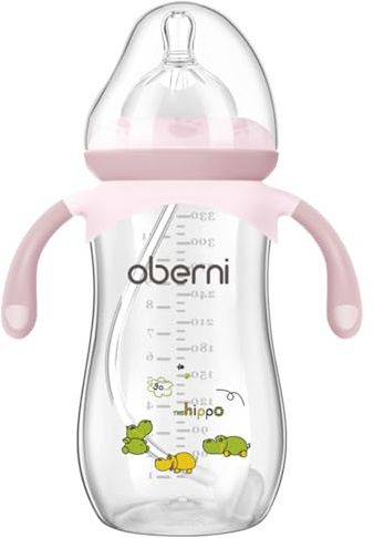 Oberni Anti-Colic Baby Bottles, 330ml / 11oz Weigthed Toddler Milk Feeding Bottles with Size “+” Variable Flow Teat for 12m+, Pink/Pack of 1