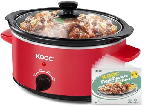KOOC 4-Quart Slow Cooker, 3 Cooking Settings, Dishwasher Safe Ceramic Crock, Lid, Free Pot Liners Included, RED, Ellipse Pot
