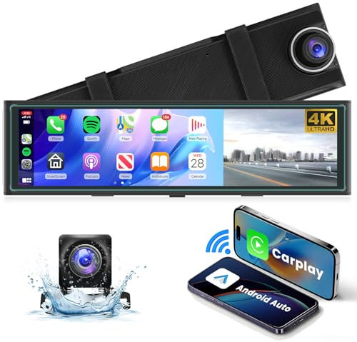 Hodozzy 4K Spiegel Dash Cam Wireless Carplay & Android Auto Bluetooth,Spiegel Dashcam mit Rückfahrkamera 1080P,10.99 Zoll IPS Touchscreen mit Loop-Aufnahme/Airplay/AUX/FM,2 Geteilte Bildschirme